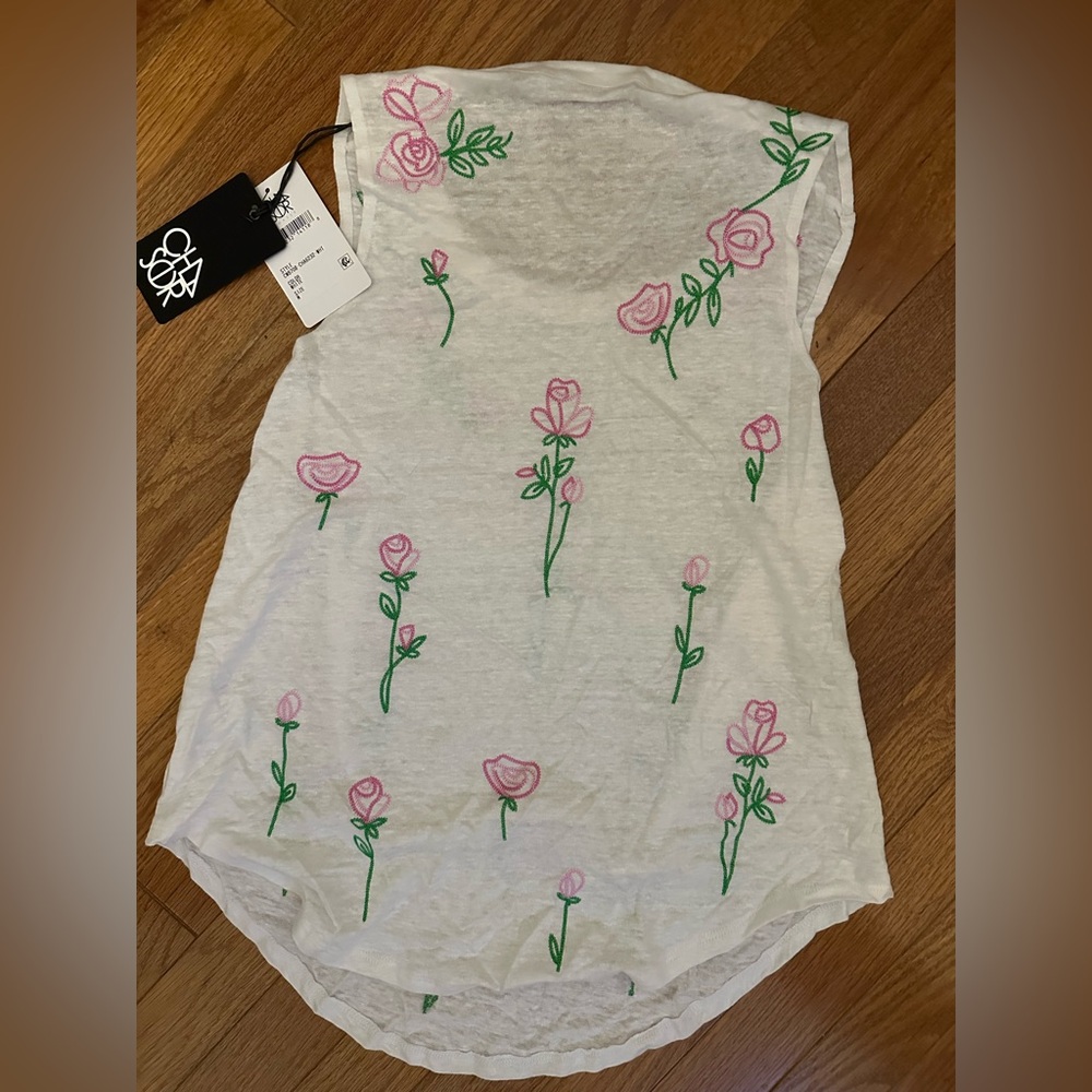 NWT Chaser White  Sleeveless  Linen Top with Rose Embroidery and Green Stem - Picture 3 of 4